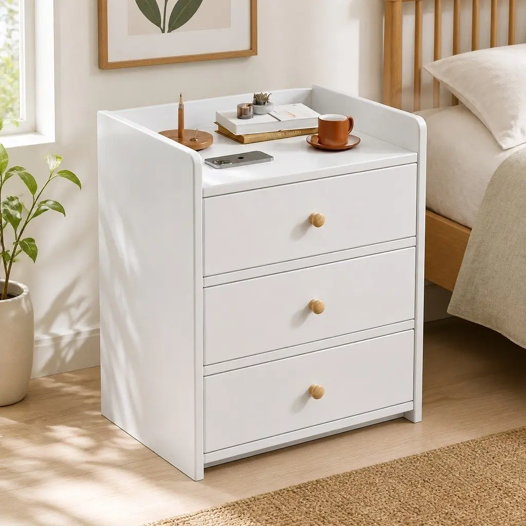 Warm White Nightstand with Triple Drawers