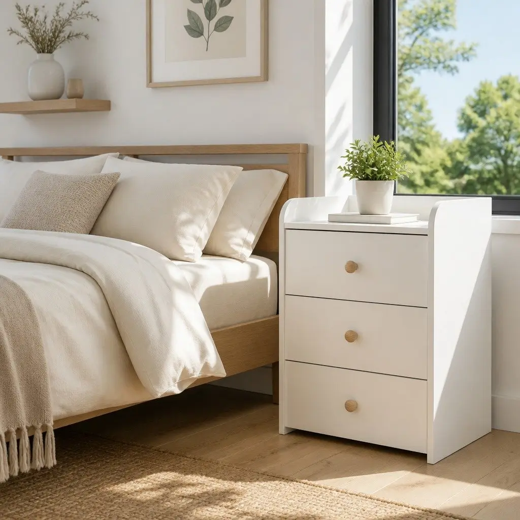 Warm White Nightstand with Triple Drawers