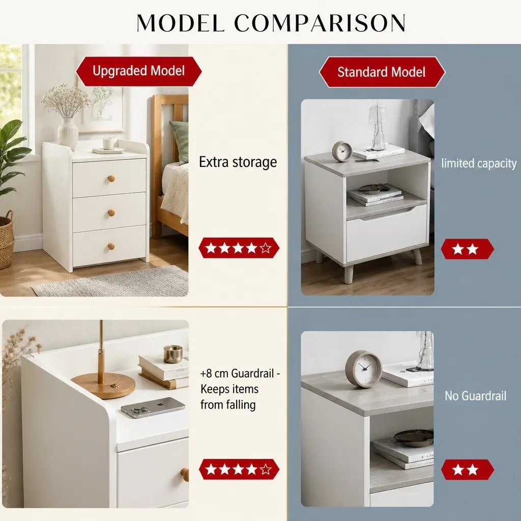 Warm White Nightstand with Triple Drawers