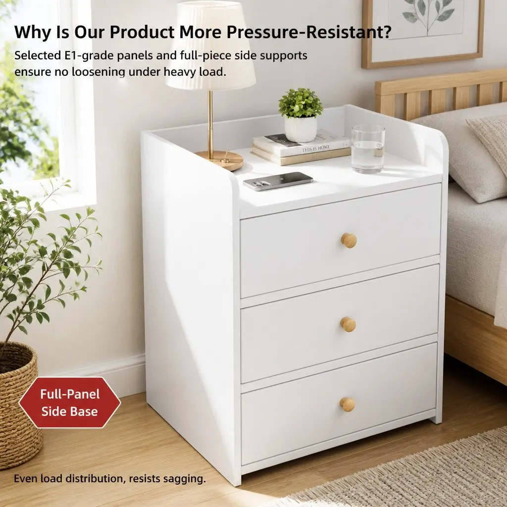 Warm White Nightstand with Triple Drawers