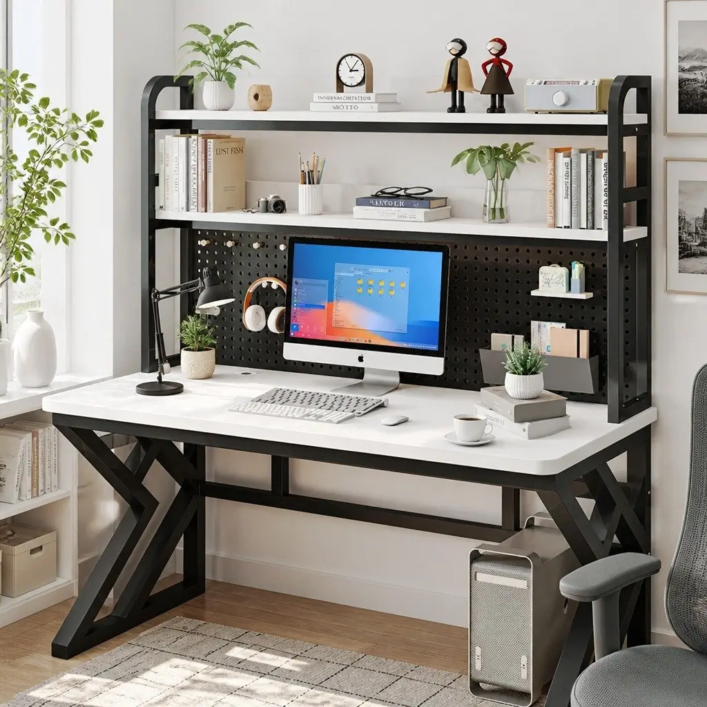Computer Study Desk Nordic Style 120x60cm Density Board with Carbon Steel Legs Black and White