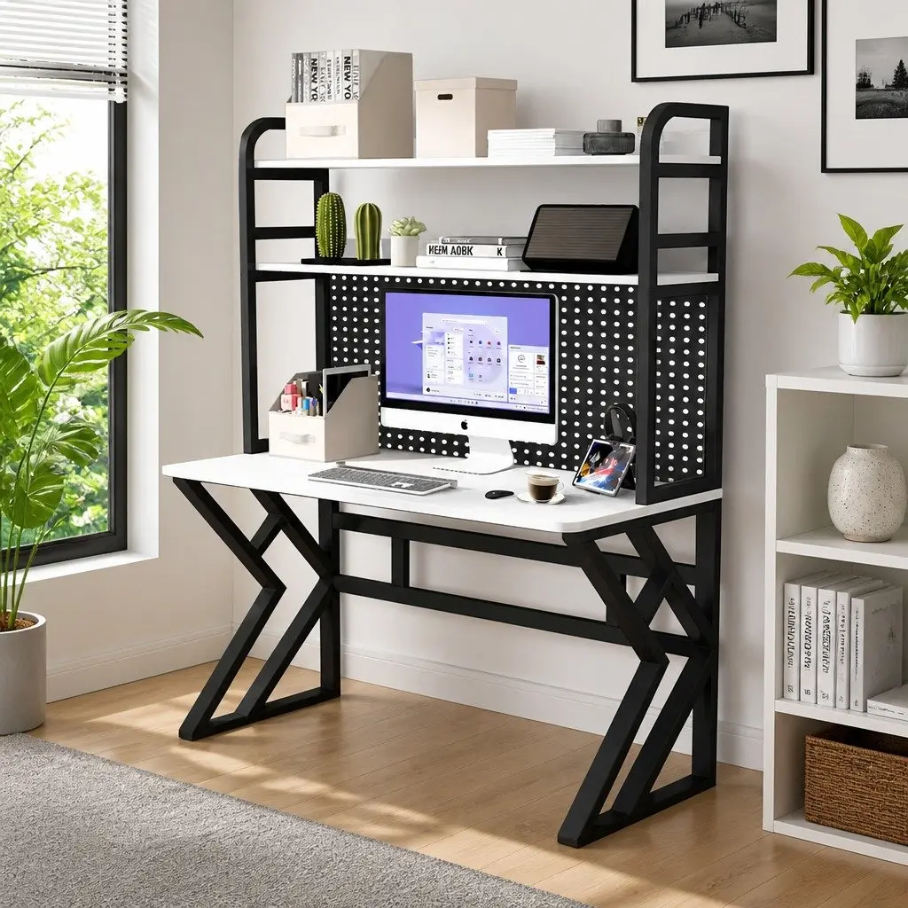 Computer Study Desk Nordic Style 120x60cm Density Board with Carbon Steel Legs Black and White