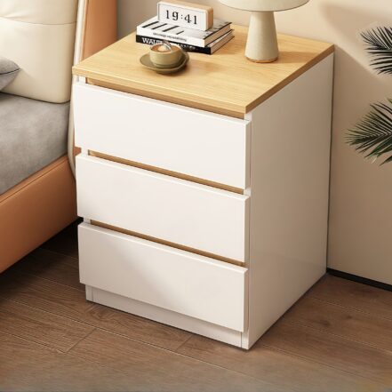 HYGGO 2x bedside table set nightstand oak wood grain white modern design 3 drawers Bedside table Nightstand