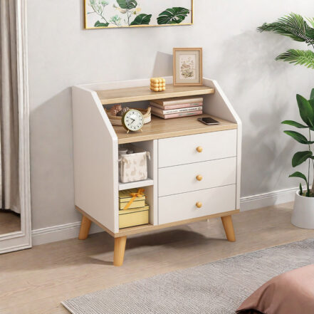 HYGGO 2x bedside table set wood grain drawers curved design bedroom furniture nightstand Bedside table Nightstand